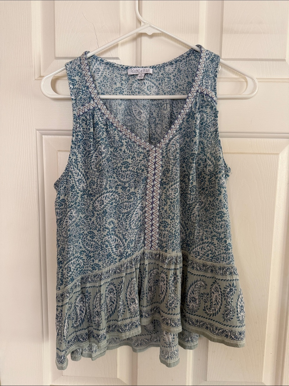 Patrons of Peace Blue Paisley Boho Girly V-Neck Sleeveless Tank Size M
